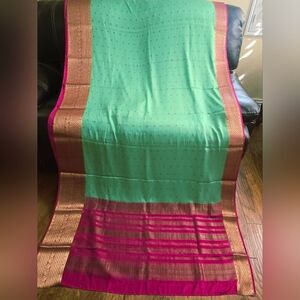 Beautiful New Mint Green Mysore Crepe Silk Saree With Hot Pink Zari Border & BP